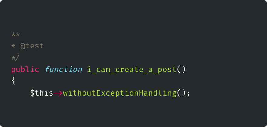 Laravel withoutExceptionHandling() Gotcha