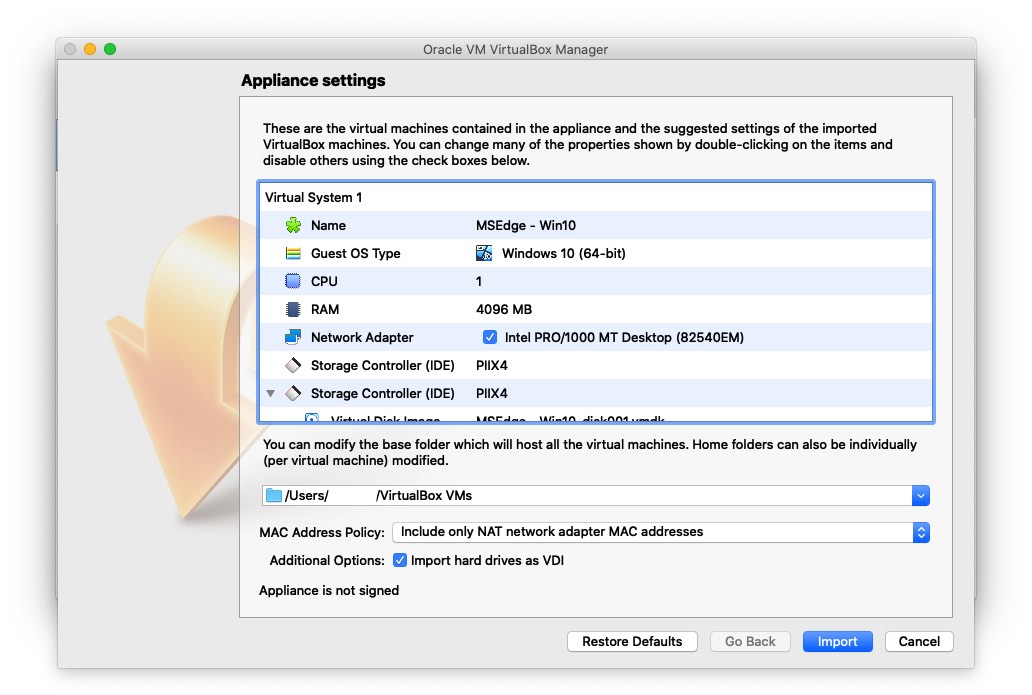 VirtualBox VM appliance settings