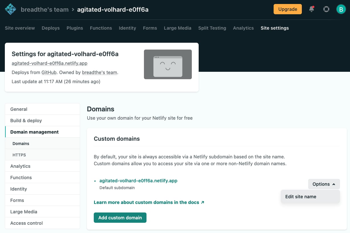 Netlify change subdomain